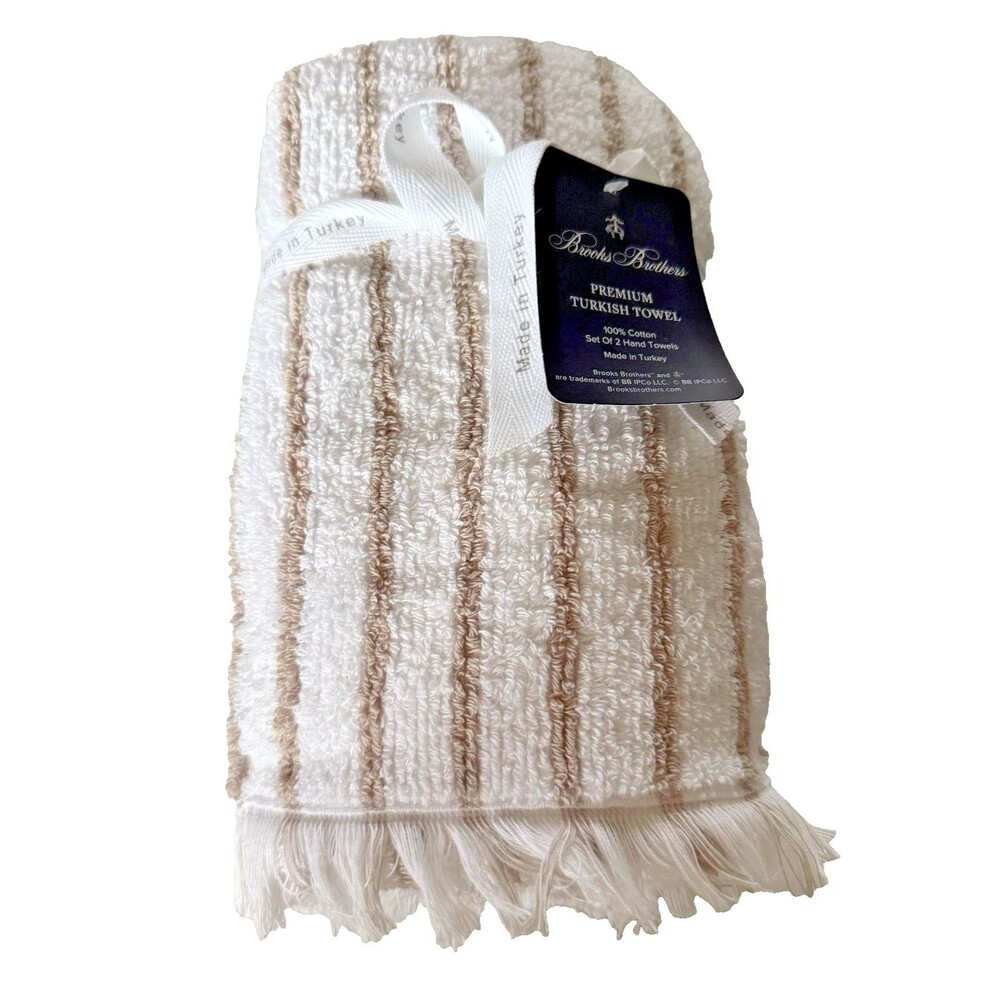 Brooks Brothers Hand Towels Luxury White Striped Thick Plush Turkish Set of 2